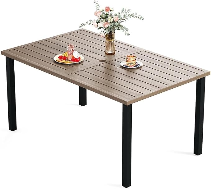 HERA'S HOUSE Outdoor Dining Table for 6, Rectangular Metal Patio Table with Umbrella Hole, 6-Person Weather Resistant Wood-Like Steel Slat Table for Lawn Garden Backyard, L60 xW36 xH29