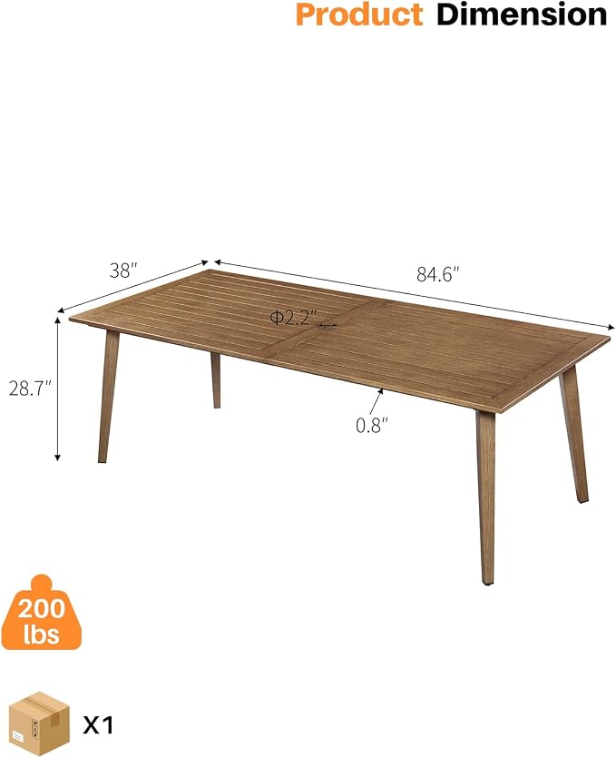 Never-Rust Outdoor Patio Dining Table for 8, 84.6"x38" Outdoor Aluminum Dining Table with 2.2" Umbrella Hole, 8 Person Patio Furniture Dining Table for Garden, Backyard, Porch, Teak