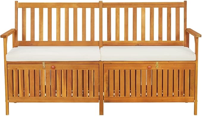 Patio Storage Bench with Cream White Cushion, Outdoor Wooden Deck Box, Solid Wood Patio Furniture for Outdoor Cushions, Pool Storage and Garden Tools, 58.3"x24.4"x33.1", -331