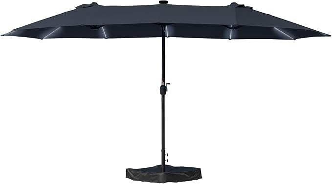 Kozyard 15 FT Rectangular Double-Sided Patio Umbrella with Solar Lights, Outdoor Patio Umbrella with Crank Lift, Base Included, UV-Resistant for Pool, Backyard & Garden NavyBlue