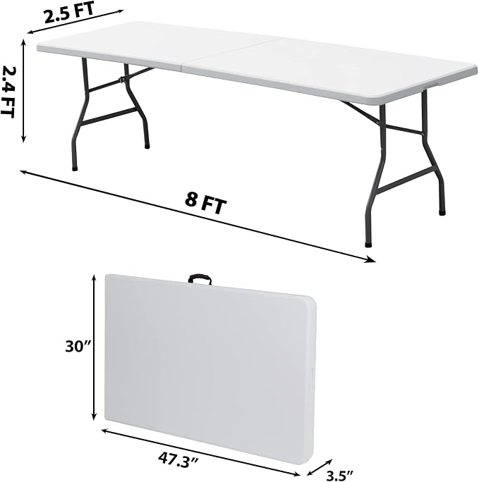 Folding Event Table, Heavy Duty Picnic Table Indoor Outdoor Camping, 8FT Portable w Handle Lock for Banquet, White