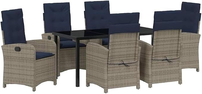 Afuera Living 7-Piece Poly Rattan Garden Dining Set, Gray Finish, Cushioned Seats, Glass-Topped Table, Adjustable Backrests, Weather-Resistant Steel Frame, Modern Patio Furniture for Outdoor Dining