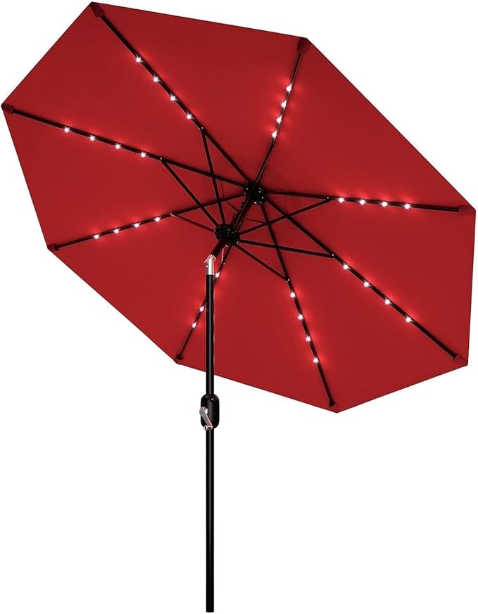 9FT Outdoor Patio Umbrella, 8 Ribs Market Table Umbrella with Solar Light & Tilt & Crank, UV-Resistant Waterproof for Pool, Deck, Backyard, Red