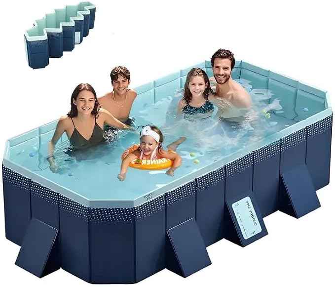 Montary Foldable Large Non - Inflatable Rectangular Swimming Pool for Family - Hard Plastic Shell, Oversized Thickened Design, Portable Collapsible Backyard Pool - 112.6"x65.7"x19.7"