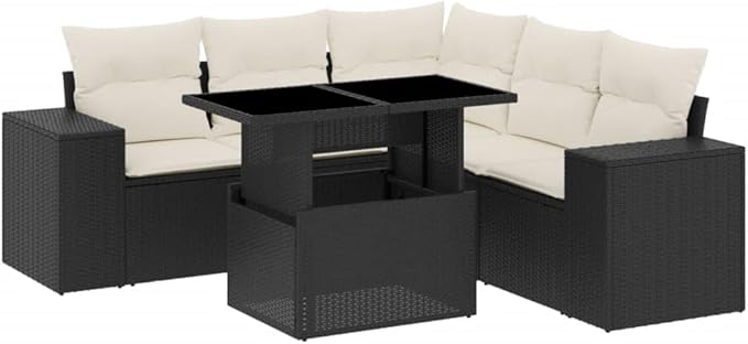 6-Piece Patio Furniture Set, 39.4" L Outdoor Sectional Sofa with Cushions, Black Poly Rattan Patio Conversation Set for Garden, Balcony, Deck and Backyard Seating Up to 6