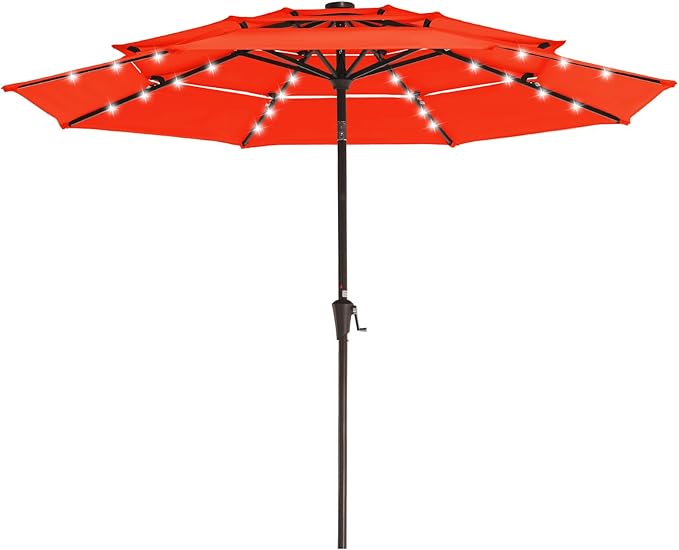 JEAREY 3 Tiers Patio Umbrella with Solar Lights 9ft Outdoor Market Table Umbrellas with Push Button Tilt for Outside Pool Garden, Orange