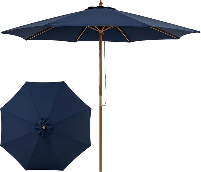 Tangkula 9 FT Patio Umbrella, Outdoor Table Market Umbrella with 8 Wooden Ribs, 3 Adjustable Heights, Rope Pulley System for Garden, Vented Top for Pool Backyard Deck Garden