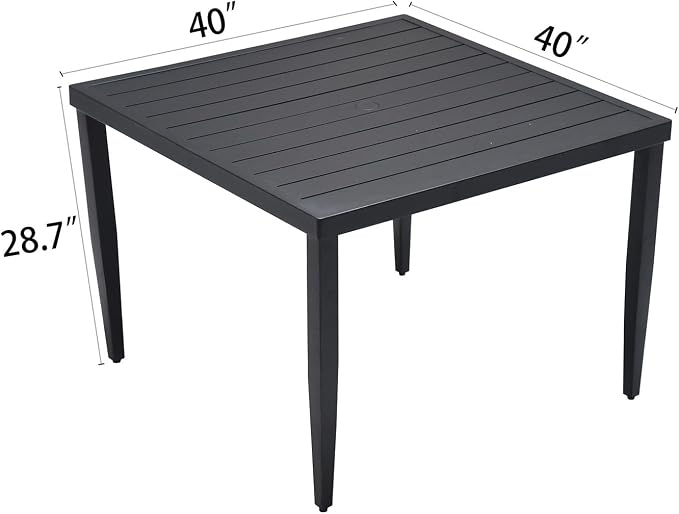 Outdoor Patio Aluminum 40"x40" Square Dining Table with Tapered Feet & Umbrella Hole, Ember Black
