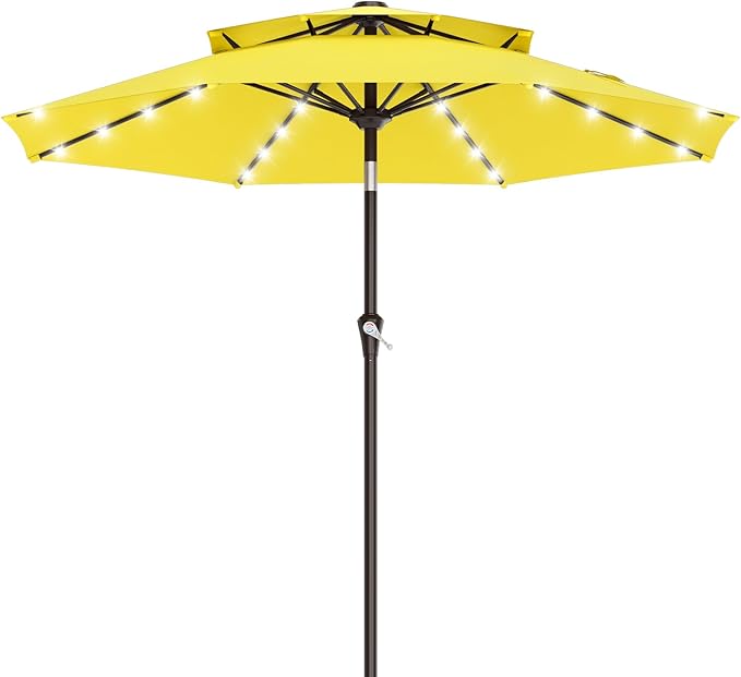 AreShark 9ft 2 Tiers Patio Umbrella with Solar Lights, Outdoor Umbrella w/ 32 LED Lights&8 Sturdy Ribs, Table Umbrella for Deck, Backyard, Pool(Yellow)
