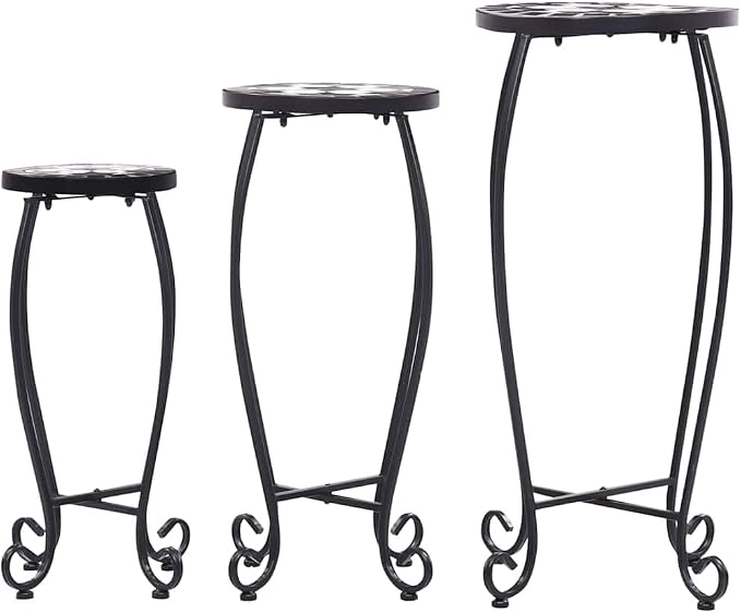 Set of 3 Mosaic Nesting Tables, Geometric Black Iron and Ceramic Side Tables for Living Room Patio Garden Indoor Outdoor Use, 27.6 Inch Tall