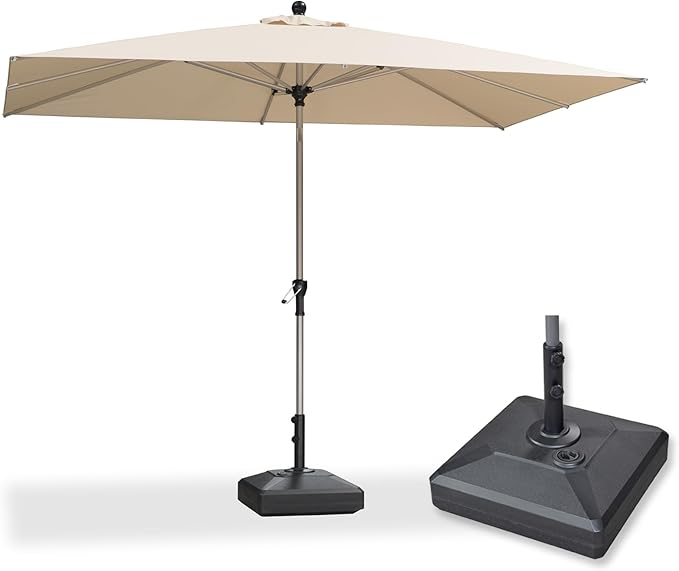 PURPLE LEAF 6.5' x 10' Market Umbrella, Rectangle Patio Umbrella with Base Included, Heavy Duty Outdoor Table Umbrella with Tilt, Aluminum Pool Umbrella for Deck, Garden, or Poolside, Khaki