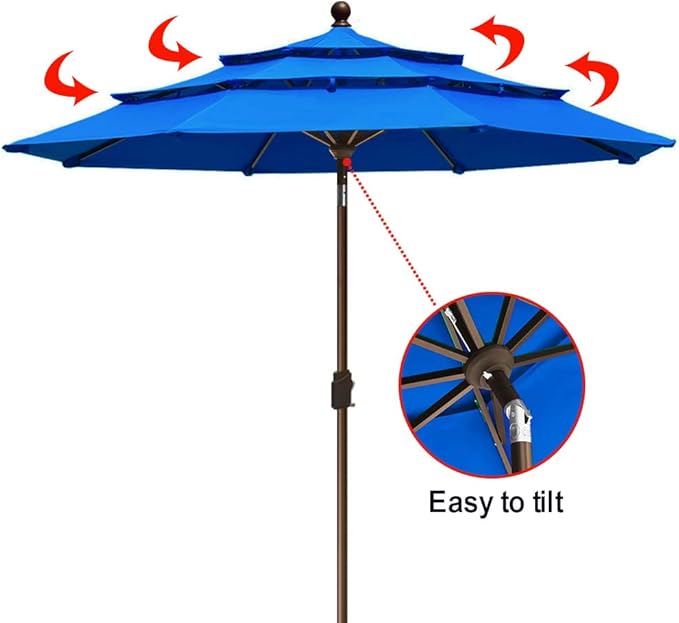 EliteShade USA 10-Year-Non-Fading 9ft 3-Tier Market Patio Umbrella, Commercial Grade Outdoor Table Umbrella with Crank Open, Windproof & UPF 50+ UV Protection, Heavy Duty Ventilation for Garden, Deck, Pool, Backyard, Beach & Bistro, Royal Blue