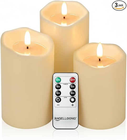 ANGELLOONG Flameless Candles with Remote for Table Decor, Flickering Fake Pillar Candles Battery Operated, Battery Candles with Timer for Home Living Room Wedding Bride Decoration, Set of 3