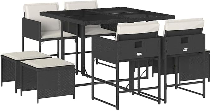 9-Piece Garden Dining Set with Black and Cream Poly Rattan, Powder-Coated Steel Frame, Stackable Chairs, and Removable Cushion Covers for Outdoor Patio