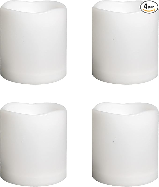 Outdoor Indoor Flameless Pillar Candles, 4 Pack Plastic Resin Battery Operated Electric LED Candle Sets with Cycling 24 Hours Timer Function for Home Party Wedding Decoration, 3"x3"