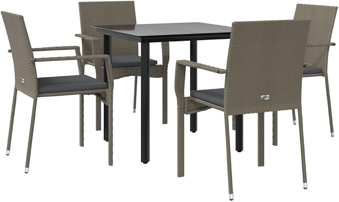 5 Piece Outdoor Dining Set, Patio Furniture with PE Rattan Chairs and Tempered Glass Table, Comfortable Garden Bistro Set for Backyard, Deck, and Porch