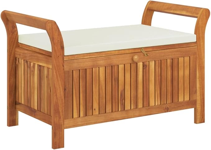 Wooden Outdoor Patio Storage Bench Large Deck Box with White Cream Cushion 35.8"x19.7"x23.6" Solid Wood Acacia Storage Box Deck Box with Seat for Garden, Balcony, Porch, Pool,Yard