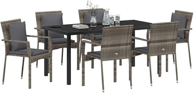 Afuera Living 7 Piece Poly Rattan Patio Dining Set, Gray Finish, Includes Cushions, Tempered Glass Tabletop, Seating for 6, Durable Lightweight Design, Modern Style Outdoor Garden or Patio Furniture