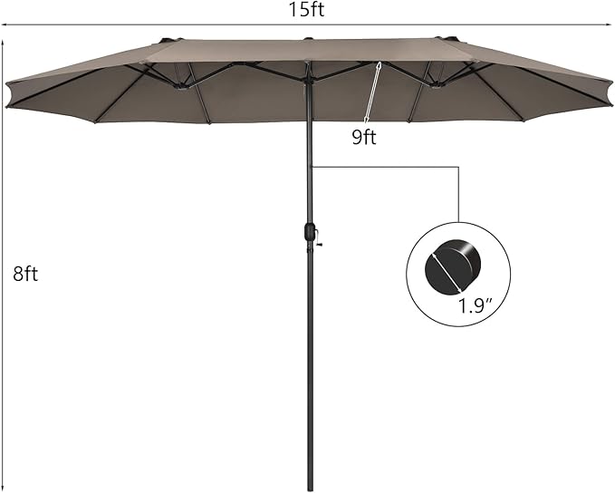 Tangkula 15Ft Double-Sided Patio Umbrella, Outdoor Extra Large Umbrella W/Hand-Crank System & Air Vents, Market Twin Umbrella W/ 12-Rib Sturdy Metal Frame for Poolside, Garden Backyard (Tan)
