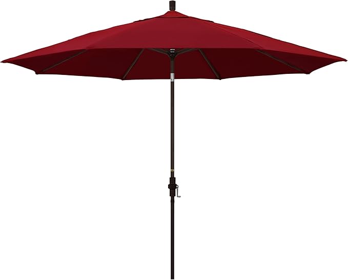 California Umbrella 11Ft Premium Patio Umbrella, Hand-Crank, Tilt-Collar, Bronze Frame, Solution Dyed Red Fabric