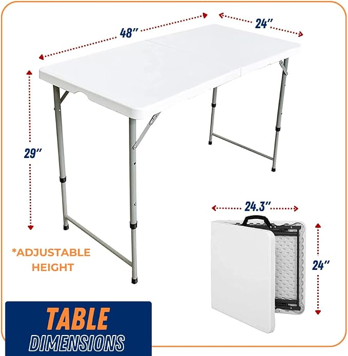 Folding Table Indoor Outdoor Heavy Duty Portable Folding Plastic Dining Table w/Handle, Lock for Picnic, Party, Camping - White (4ft, 6ft, 8ft) (4ft)
