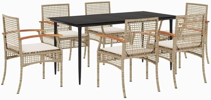 7 Piece Patio Dining Set with Cushions, Outdoor Lounge Sets Patio Conversation Set Front Porch Furniture Outdoor Sofa Sets for Negotiation Area Piazza Poolside Exhibition Beige Poly Rattan