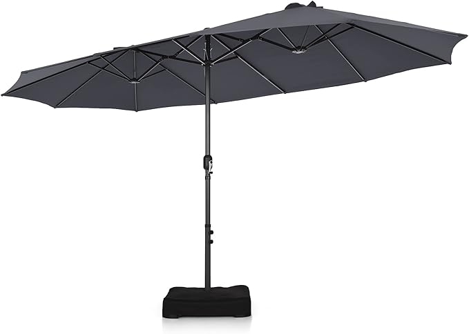 Tangkula 15FT Double-Sided Patio Umbrella, Outdoor Market Umbrella W/Hand-Crank System & Enhanced Base, Ultra-Large Twin Garden Umbrella W/ 12-Rib Structure for Residential & Commercial Use (Gray)