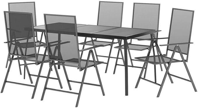 Afuera Living Steel 7-Piece Patio Dining Set, Anthracite Gray Finish, Adjustable Reclining Chairs, Foldable Design, Powder-Coated Rust-Resistant Outdoor Garden or Terrace Table and Chairs Set for 6