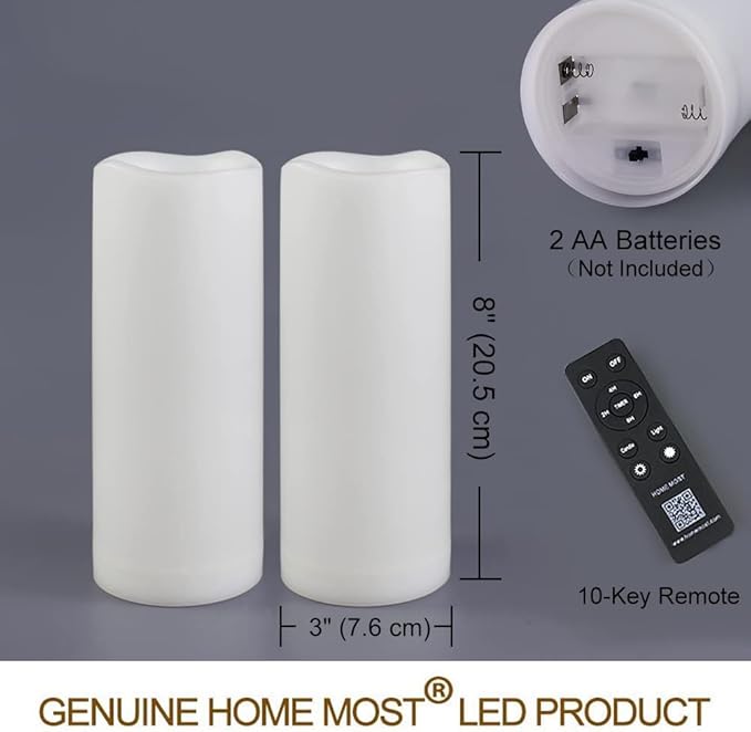 Pack of 2 White LED Candles Outdoor 3x8 - Unscented IP65 Waterproof Battery Powered Flameless Pillar With Remote and Timer - Flickering