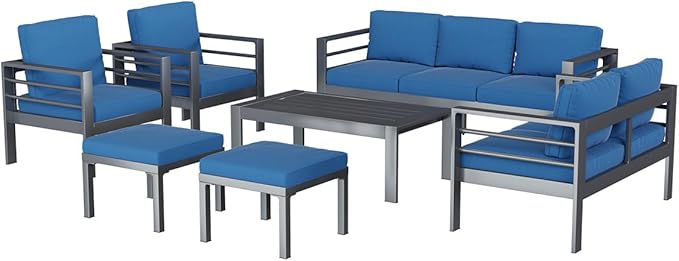 AECOJOY Aluminum Patio Furniture Set, 9 Seats Modern Outdoor Furniture with Coffee Table, 7 Pieces Metal Conversation Sectional Sofa, Blue
