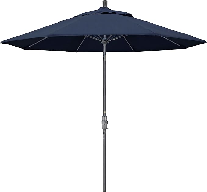 California Umbrella 9' Rd. Crank Lift, Collar Tilt, Aluminum Pole, Fiberglass Rib Patio Umbrella, Hammertone Grey Finish, Sunbrella Spectrum Indigo