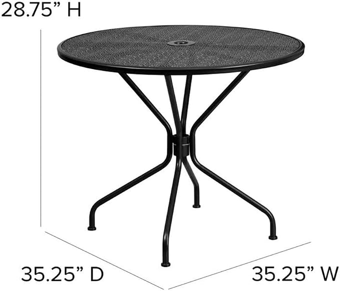 Afuera Living 35.25" Round Steel Patio Dining Table, Black Powder Coat Finish, Rain Flower Print Top with Umbrella Hole, Indoor/Outdoor Use, Durable Bistro, Cafe, Restaurant, or Home Patio Table