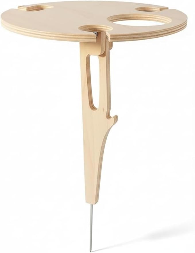 Outdoor Wooden Folding Wine Table, Ground Insert with Glass Holder | Solid Rubber Wood, Detachable Foldable, Bottle Glass Holder, Easy to Store, for Lawn Garden Picnic Beach