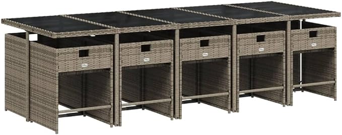11 Piece Outdoor Patio Dining Set with Cushions Gray Poly Rattan Table and 10 Chairs for Garden Backyard Deck Relaxation UV Proof Tempered Glass
