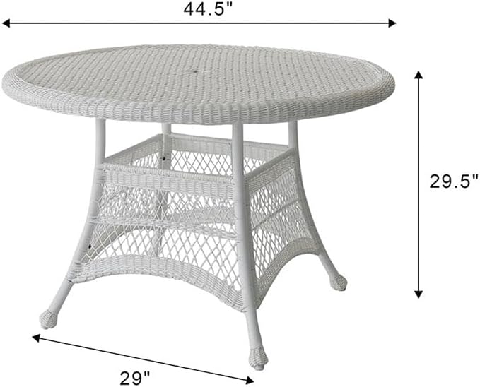 Pemberly Row Traditional Wicker/Rattan Round Patio Dining Table, 44.5 Inch, All-Weather Resin Wicker and Steel Frame, White Finish, Durable Outdoor Deck or Poolside Table, Light Assembly Required