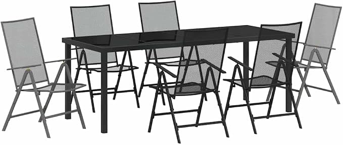 7 Piece Outdoor Dining Set, Anthracite Powder-Coated Steel Patio Furniture, Foldable Garden Table and 6 Chairs, Height-Adjustable Dining Table for Backyard Balcony