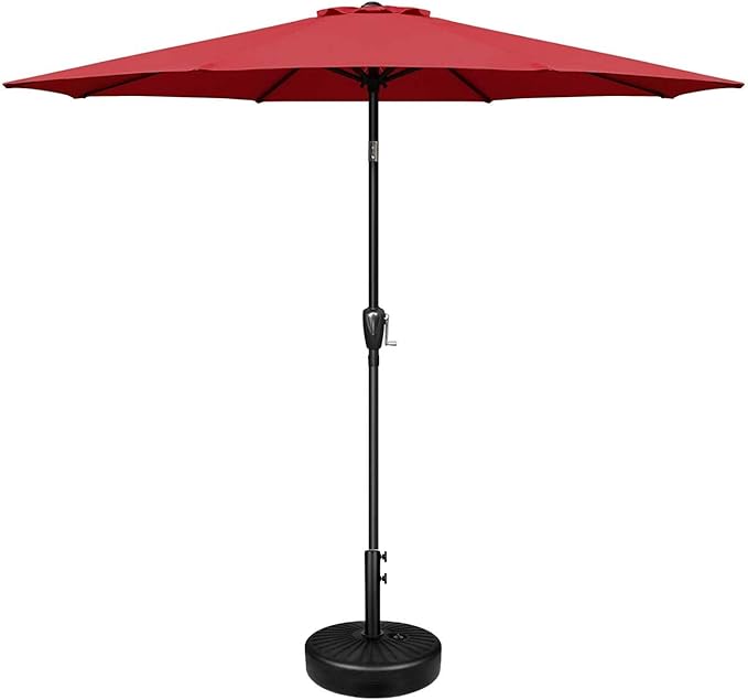 Simple Deluxe LGBRLA9REDBASERV1 9ft Market Table Patio Umbrella with Button Tilt, 8 Sturdy Ribs, 20" Round Water Filled Base Stand Included for Outdoor, Lawn, Garden, Backyard, Pool, Red