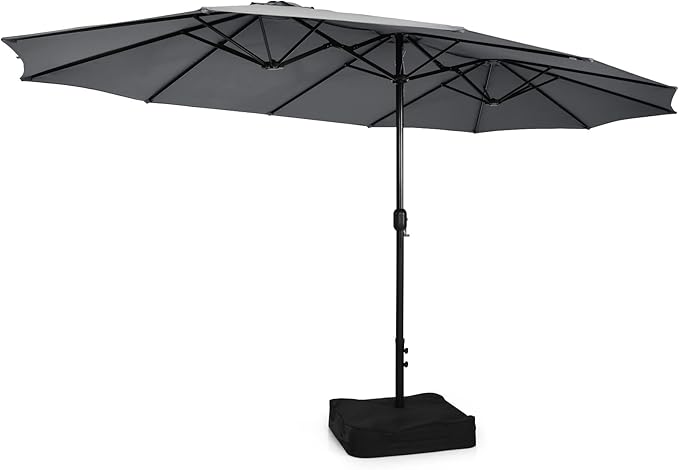Tangkula 15FT Double-Sided Patio Umbrella with Base, Extra-Large Market Umbrella W/Crank System, Outdoor Twin Umbrella W/ 12-Rib Metal Structure & Air Vents for Garden, Backyard, Poolside (Gray)