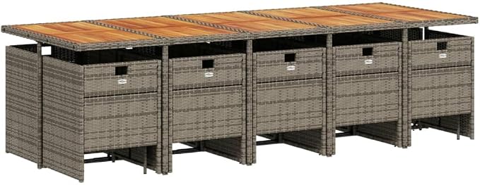 15 Piece Garden Dining Set, PE Rattan Patio Furniture with Acacia Wood Tabletop, Outdoor Cushioned Chairs and Stools for Backyard, Grey