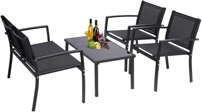 Henf 4 Pieces Patio Conversation Set, Outdoor Patio Furniture Set with Tempered Glass Coffee Table & Textilene Fabric/Iron Sofa for Porch Garden Poolside, Black