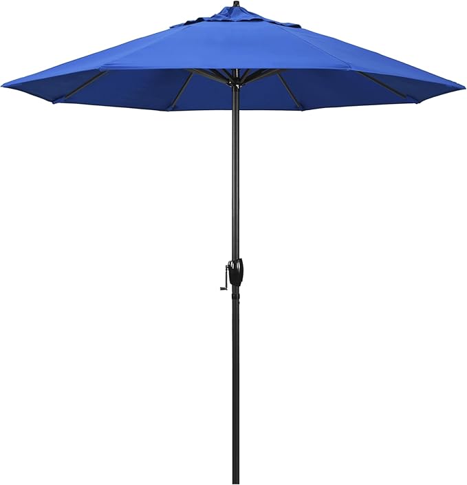 California Umbrella 7.5' Rd Aluminum Patio Umbrella, Crank Lift, Auto Tilt, Black Finish, Royal Blue