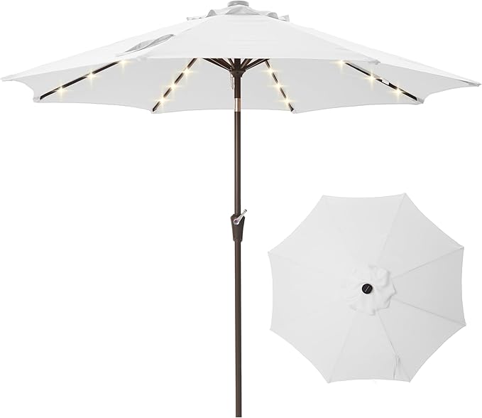 9FT Solar-Powered LED Patio Umbrella with Tilt Crank,Outdoor Market Umbrella with 32 Lights,Sunshade for Deck, Garden and Pool