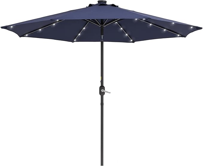 9ft Patio Umbrella Outdoor with Solar Lights,32 LED Lighted Table Market Umbrella with Tilt and Crank, 2-Year-Non-Fading, 8 Sturdy Ribs,for Pool, Deck, Garden,Backyard