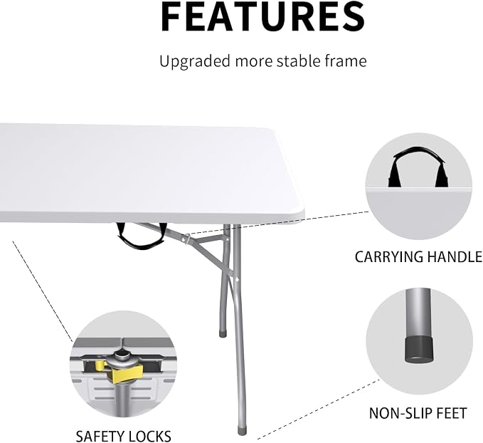 6FT Folding Tables – Heavy Duty Portable Foldable Picnic Table with Built-in Handle, 450 lb Capacity – Ideal for Events, Parties, Crafts, Camping & Dining (4-Pack, White)