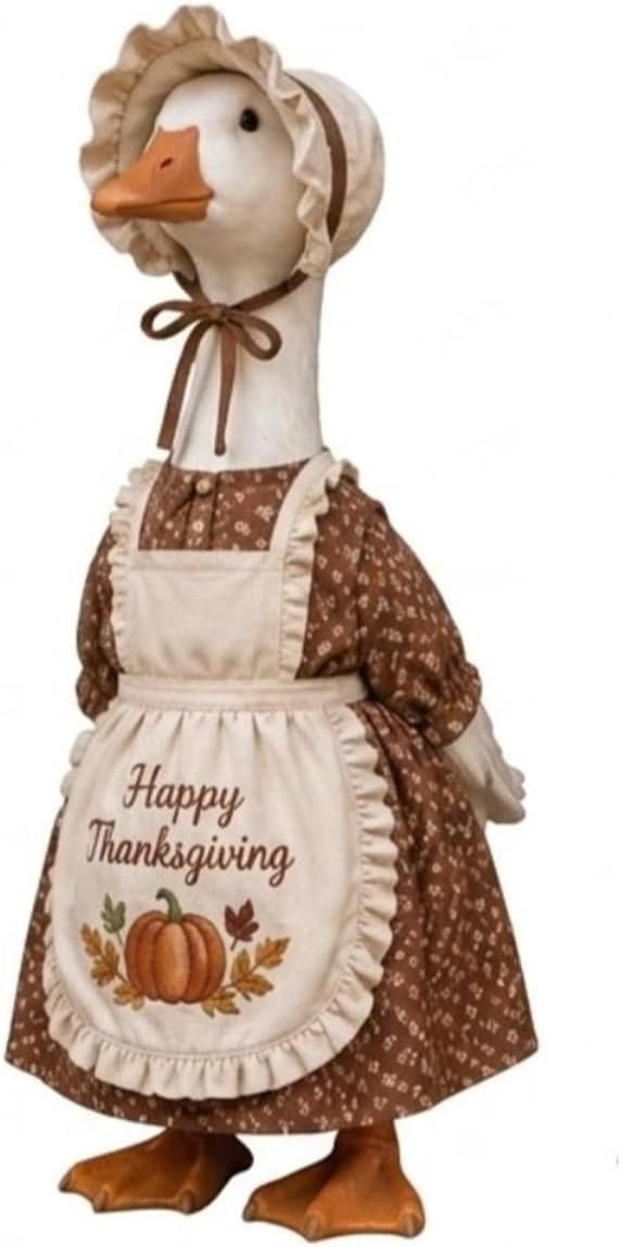 Thanksgiving Pilgrim Porch Goose Outfits for 23'' Goose Statue | Fall Pumpkin Dress Goose Clothes, Pilgrim Costume, ''Happy Thanksgiving'' Apron, Bonnet, Autumn Yard Patio Garden Decor
