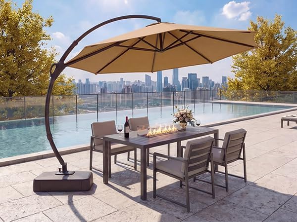 LAUSAINT HOME 12FT Curvy Cantilever Patio Umbrella with Base, 360° Rotation Offset Outdoor Umbrella, Heavy Duty Hanging Umbrella for Backyard, Pool, Garden（Tan）