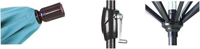 California Umbrella 9' Round Aluminum Market Umbrella, Crank Lift, Push Button Tilt, Black Pole, Sunbrella Linen Sesame