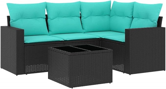 vidaXL Patio Sofa Set with Cushions 5 Piece, Outdoor Sectional Sofa, Conversation Set for Balcony Garden, Patio Furniture, Black Poly Rattan
