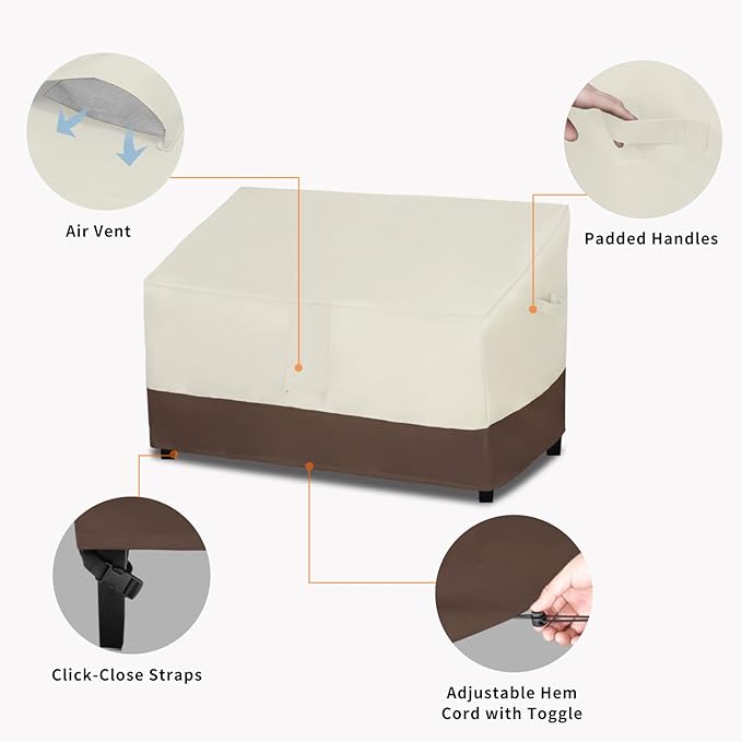 Easy-Going Waterproof Outdoor Loveseat, Heavy Duty Deep 2-Seater Patio Couch, Windproof Furniture with Air Vent (76Wx32.5Dx33H in, Beige/Dark Brown)
