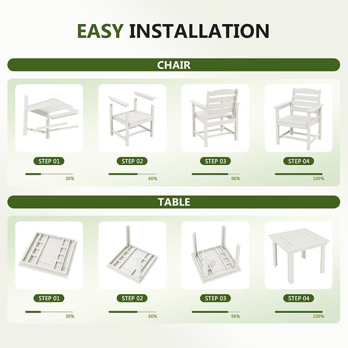 KINGYES 8-Piece HDPE Outdoor Dining Set for 6, Square Patio Table & Armchairs with Umbrella Hole, All-Weather Patio Dining Set for Backyard, Garden, Lawn & Poolside, White